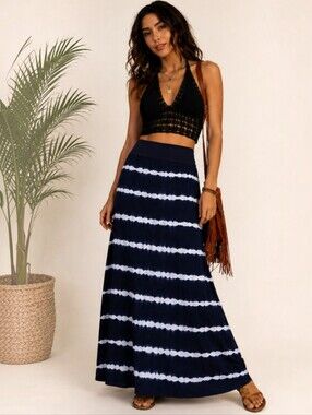 Kensie Black & White Watercolor Tie-Dye Stripe Maxi Skirt Size Large NWT
